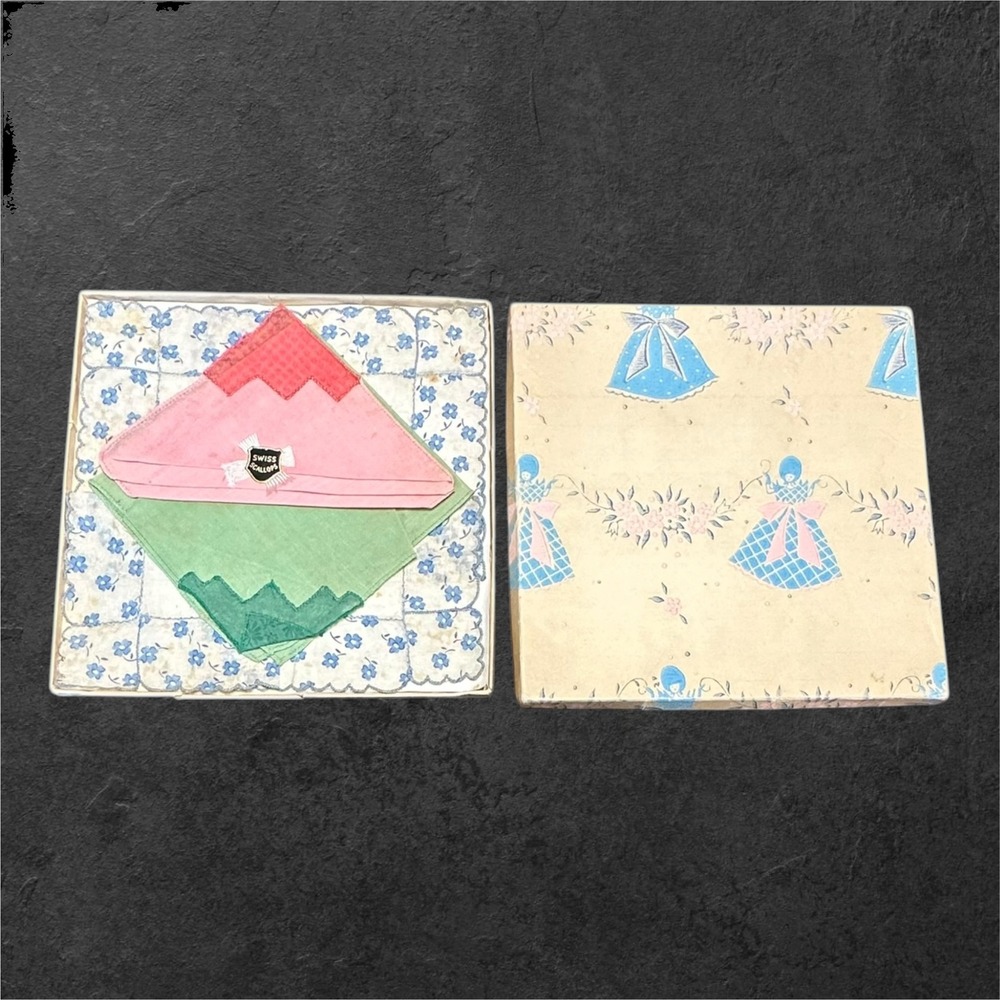 Swiss Scallops Style Handkerchief Set Multicolor Good Vintage 3pc With Box NOS